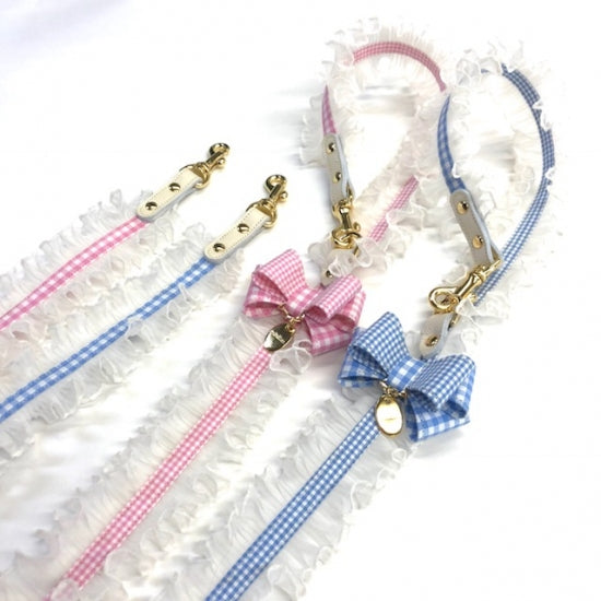 ミントタン minttan ギンガムチェックタックフリル カラー&リード セット【小型犬 首輪 カラー リード セレブ】