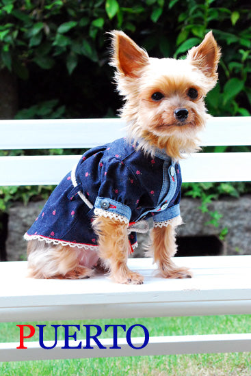 プエルト PUERTO シャツワンピース デニムフラワー【小型犬 犬服 ウエア ワンピース ドレス セレブ 】