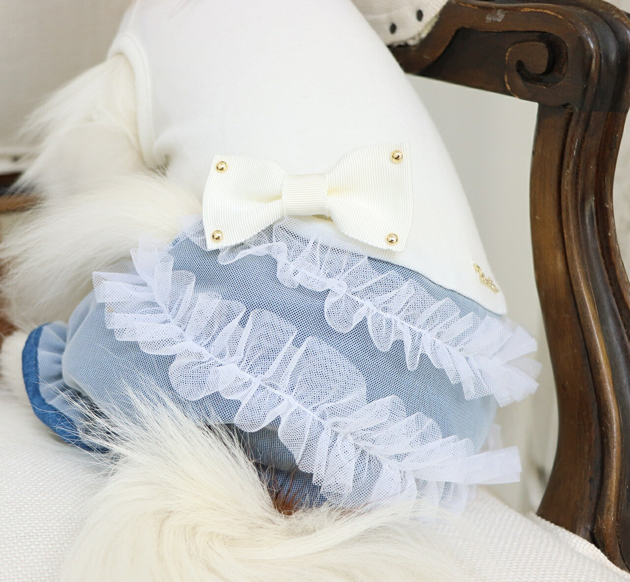 ミムット mimtto Layered tulle and denim jumpsuit【小型犬 犬服 トップス ロンパース ワンピース セレブ】