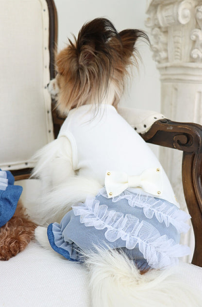 ミムット mimtto Layered tulle and denim jumpsuit【小型犬 犬服 トップス ロンパース ワンピース セレブ】