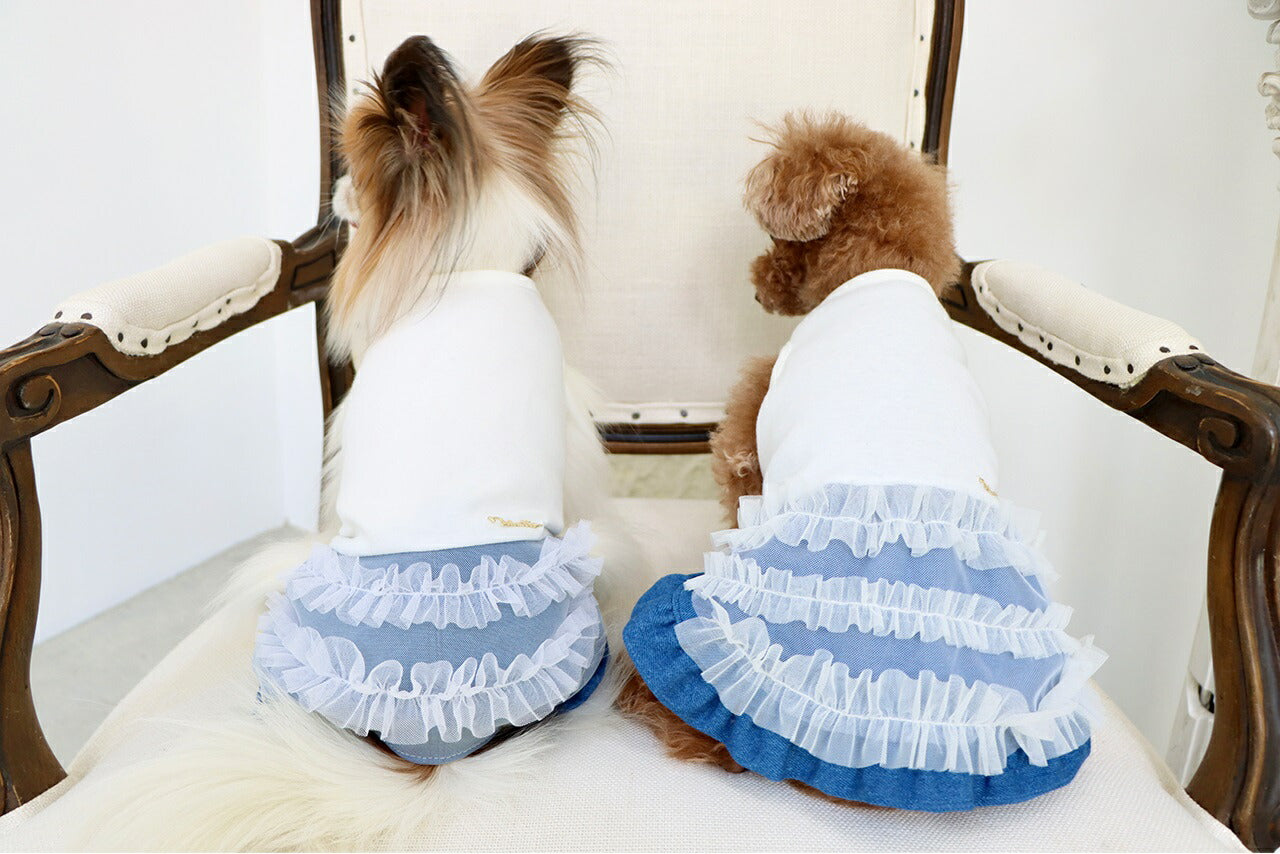 ミムット mimtto Layered tulle and denim jumpsuit【小型犬 犬服 トップス ロンパース ワンピース セレブ】