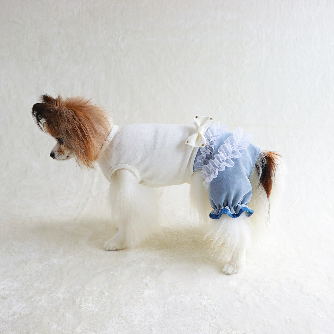ミムット mimtto Layered tulle and denim jumpsuit【小型犬 犬服 トップス ロンパース ワンピース セレブ】