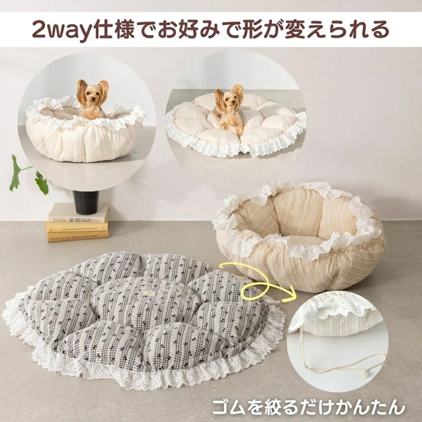 アントゥトゥ Un TouTou チェック柄レースラウンドベッド F【小型犬 犬用 ベッド マット ラグ クッション グッズ セレブ】