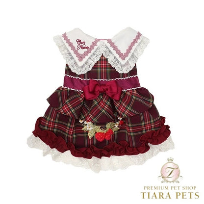 きゃんナナ CanNana レトロいちごタータンチェックワンピース ワインレッド 1164【小型犬 犬服 ワンピース ドレス スカート】