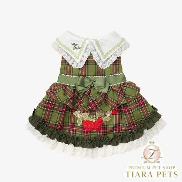 きゃんナナ CanNana レトロいちごタータンチェックワンピース グラスグリーン 1164【小型犬 犬服 ワンピース ドレス スカート】