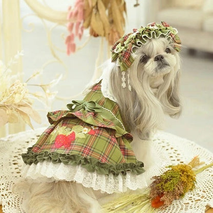 きゃんナナ CanNana レトロいちごタータンチェックワンピース グラスグリーン 1164【小型犬 犬服 ワンピース ドレス スカート】