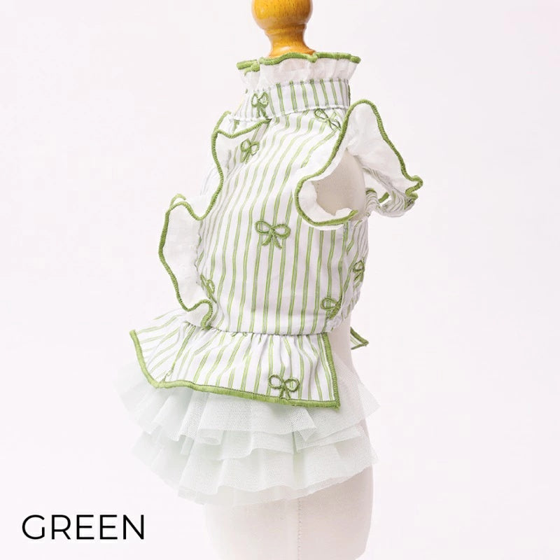 アトリエgg犬服 緑と白のストライプ フリル付き ゴッドピヴァ GODPIVA ☆一部予約商品☆ ストライプリボンフリル