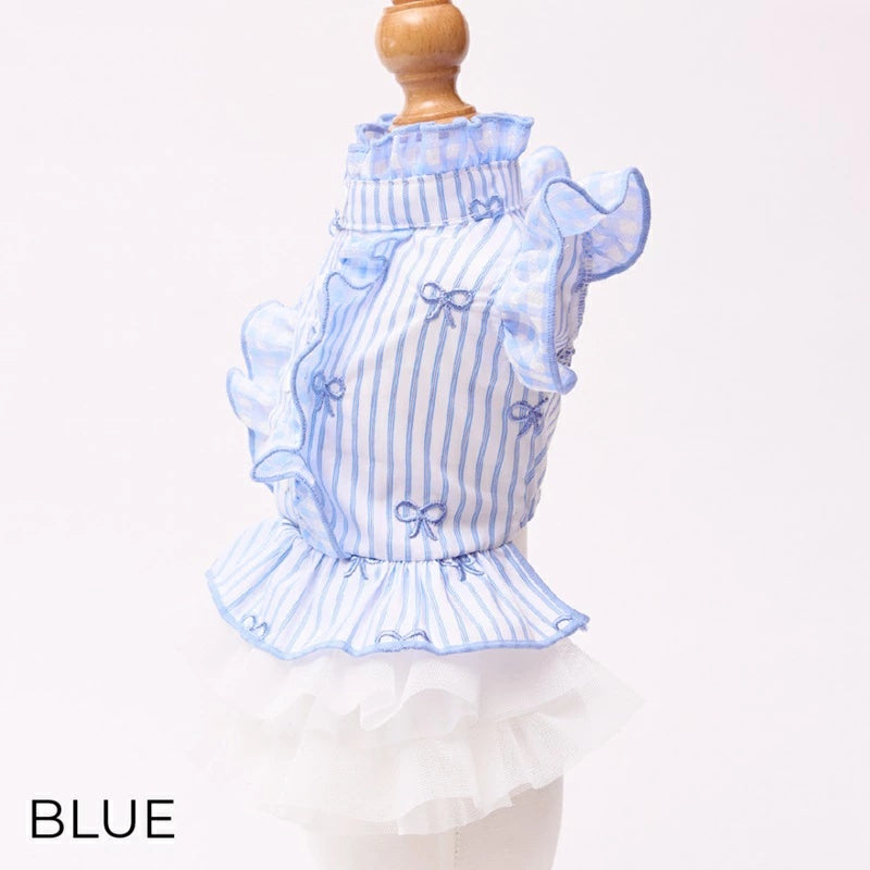 アトリエgg青と白のストライプ犬服 フリル付き ゴッドピヴァ GODPIVA ☆一部予約商品☆ ストライプリボンフリル