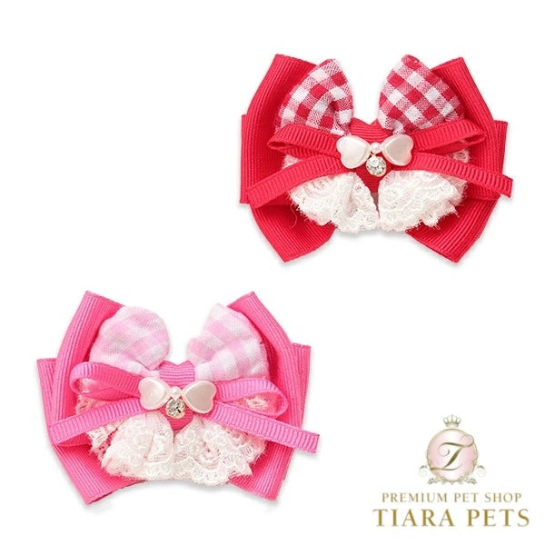 きゃんナナ CanNana ギンガムレースフリルバレッタリボン LB-334【小型犬 アクセサリー ヘアーアクセサリー リボン バレッタ】