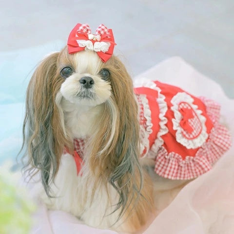 きゃんナナ CanNana ギンガムレースフリルバレッタリボン LB-334【小型犬 アクセサリー ヘアーアクセサリー リボン バレッタ】