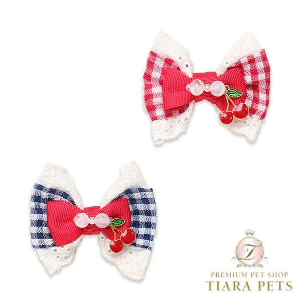 きゃんナナ CanNana ★ご予約★ ギンガム×チェリーバレッタリボン LB-333【小型犬 アクセサリー ヘアーアクセサリー リボン バレッタ】