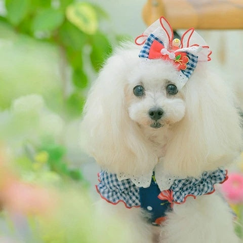 きゃんナナ CanNana ★ご予約★ ギンガム×チェリーバレッタリボン LB-333【小型犬 アクセサリー ヘアーアクセサリー リボン バレッタ】