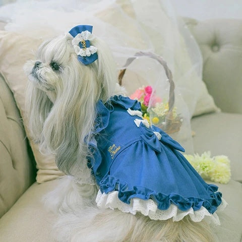 きゃんナナ CanNana ★ご予約★ デニム×レースバレッタリボン LB-331【小型犬 アクセサリー ヘアーアクセサリー リボン バレッタ】