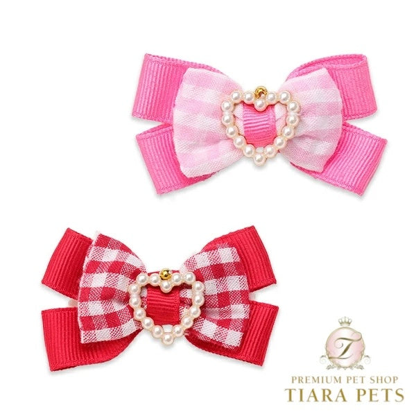 きゃんナナ CanNana ハートギンガムバレッタリボン LB-328【小型犬 アクセサリー ヘアーアクセサリー リボン バレッタ】