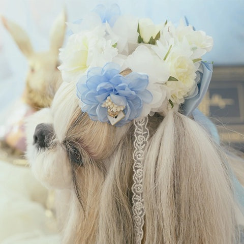 きゃんナナ CanNana 薔薇の国のアリスの花かんむり ブルー〈アリス〉7月下旬入荷予定 HD-036【小型犬 犬用 ヘアアクセサリー ヘアアクセ かんむり】