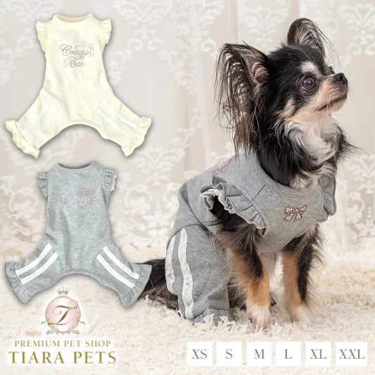 クレイジーブー CRAZYBOO 肩フリルラインジャージ ☆9月下旬順次発送予約☆【ドッグウエア 犬服 小型犬 つなぎ ロンパース ジャージ トイプードル チワワ ダックス セレブ】
