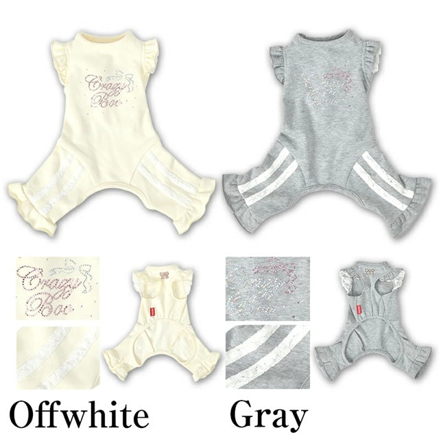 クレイジーブー CRAZYBOO 肩フリルラインジャージ ☆9月下旬順次発送予約☆【ドッグウエア 犬服 小型犬 つなぎ ロンパース ジャージ トイプードル チワワ ダックス セレブ】