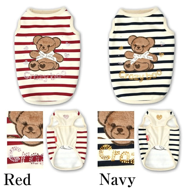 クレイジーブー CRAZYBOO クマ刺繍ボーダータンク ☆9月下旬順次発送予約☆【ドッグウエア 犬服 小型犬 トップス タンクトップ ノースリーブ トイプードル チワワ ダックス セレブ】