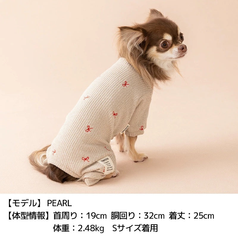 ティノティート TINOTITO リボン刺しゅうロンパース ☆9月下旬順次発送☆【小型犬 犬服 ドッグウェア ロンパース つなぎ ズボン】