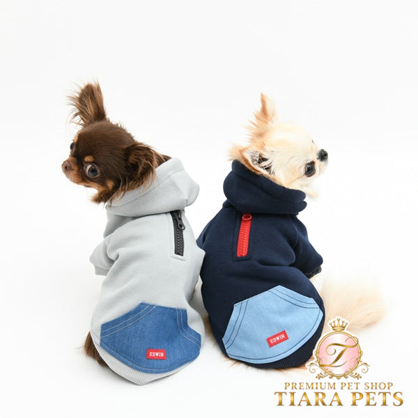 エドウイン EDWIN ハーフジップデニムポケットパーカー【犬服 ドッグウエア ウエア トップス パーカー フーディ スウェット トレーナー カジュアル】
