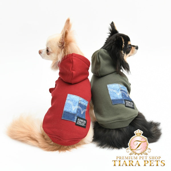 エドウイン EDWIN デニムパッチ風パーカー【犬服 ドッグウエア ウエア トップス パーカー フーディ スウェット トレーナー カジュアル】